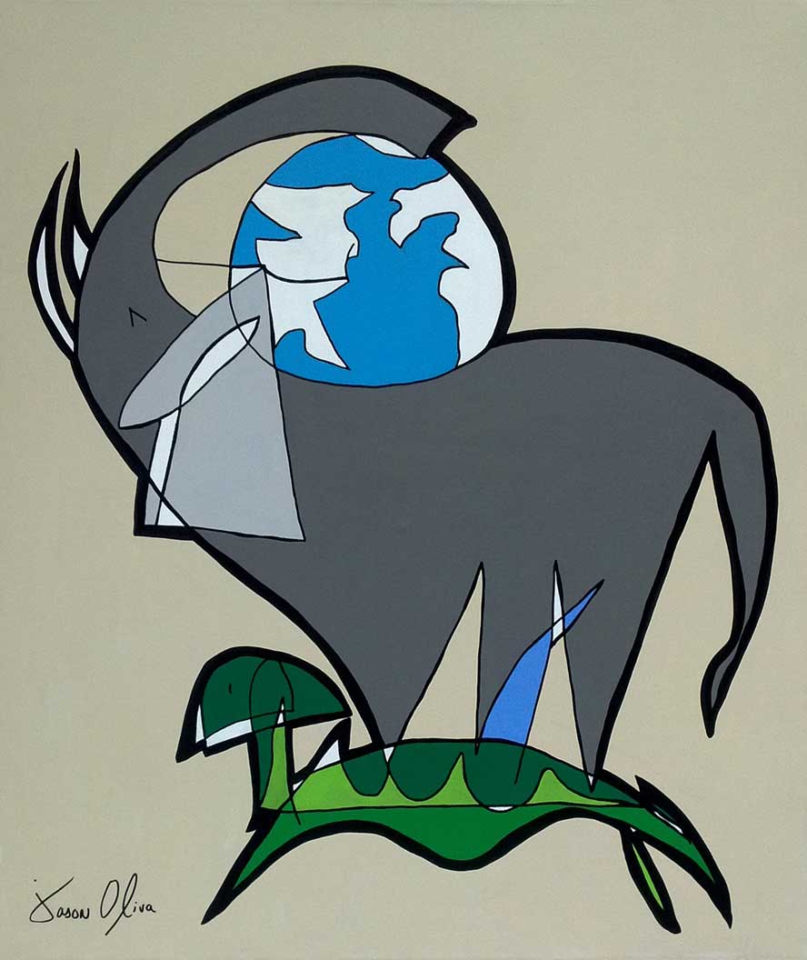 'A Turtle with an Elephant on it back carrying the World' 2012: Most recent painting by Jason Oliva